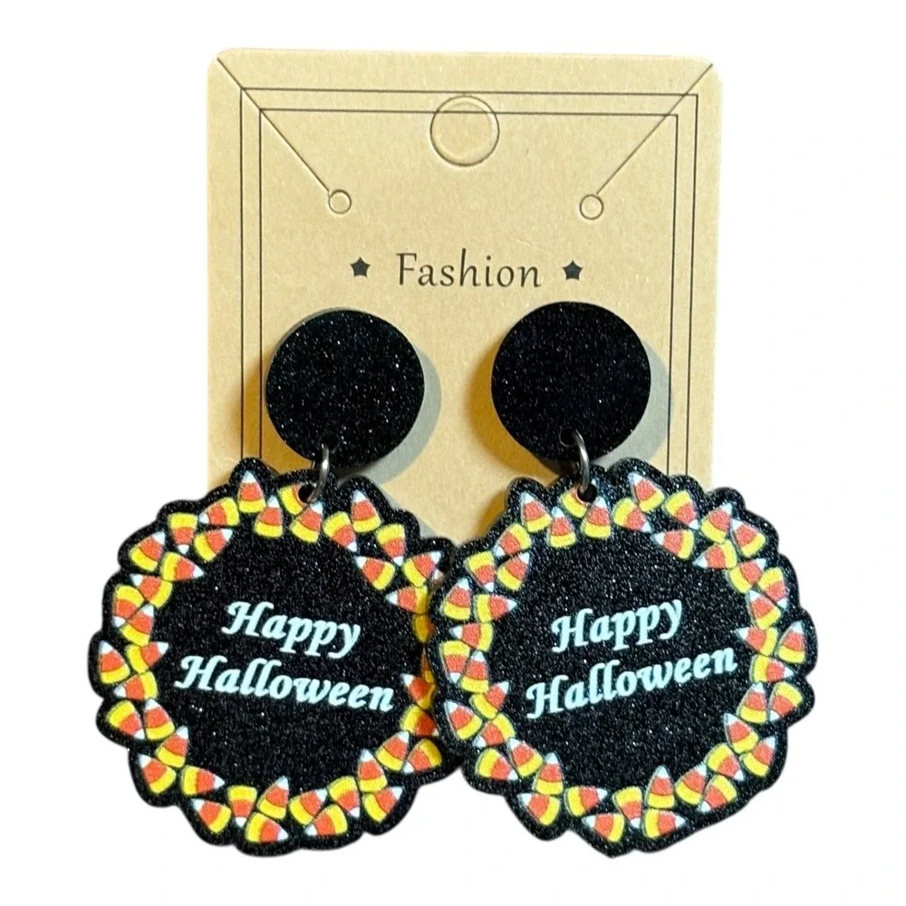 Fashion Happy Halloween Earrings Womens OS Black‎ Candy Corn Glitter Dangle Drop